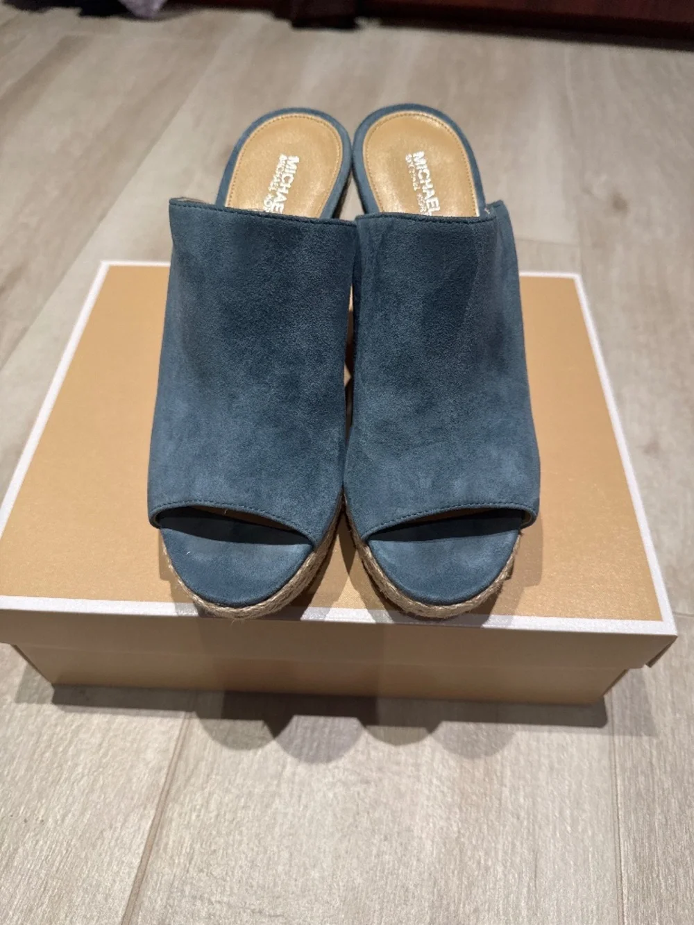 MICHAEL KORS Hastings Espadrille Mule Light Blue Denim Peep Toe Platform Wedges